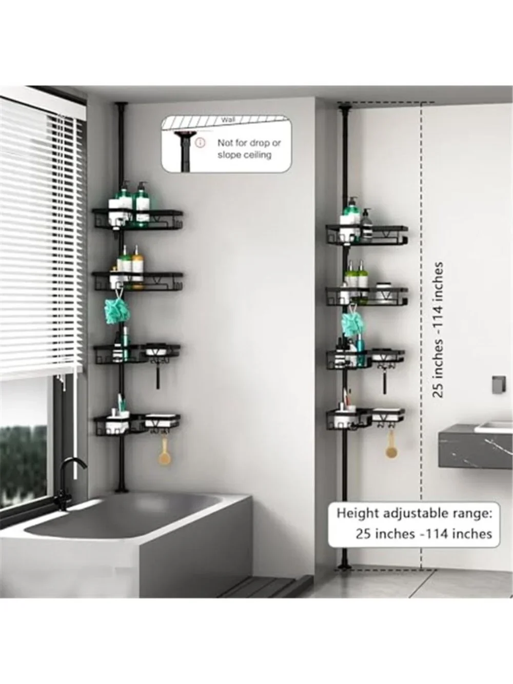 Corner Shower Caddy Adjustable 4 Tier Tension Pole Bathroom Organizer Rustproof
